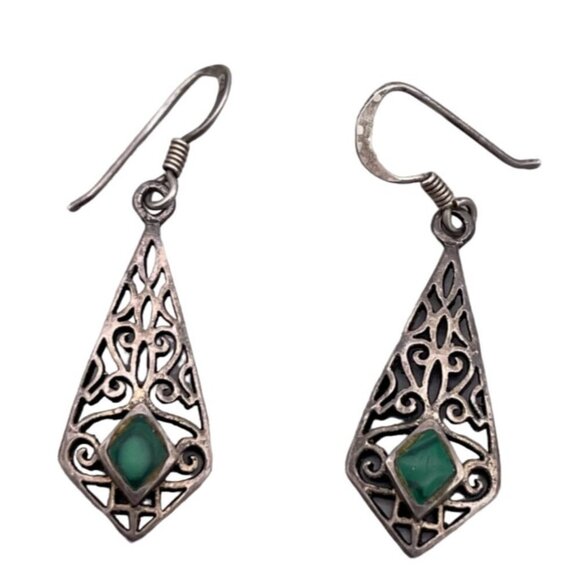 925 Sterling Silver Stone Filigree Dangle Drop Hook Earrings Oxidized Finish - Picture 1 of 7